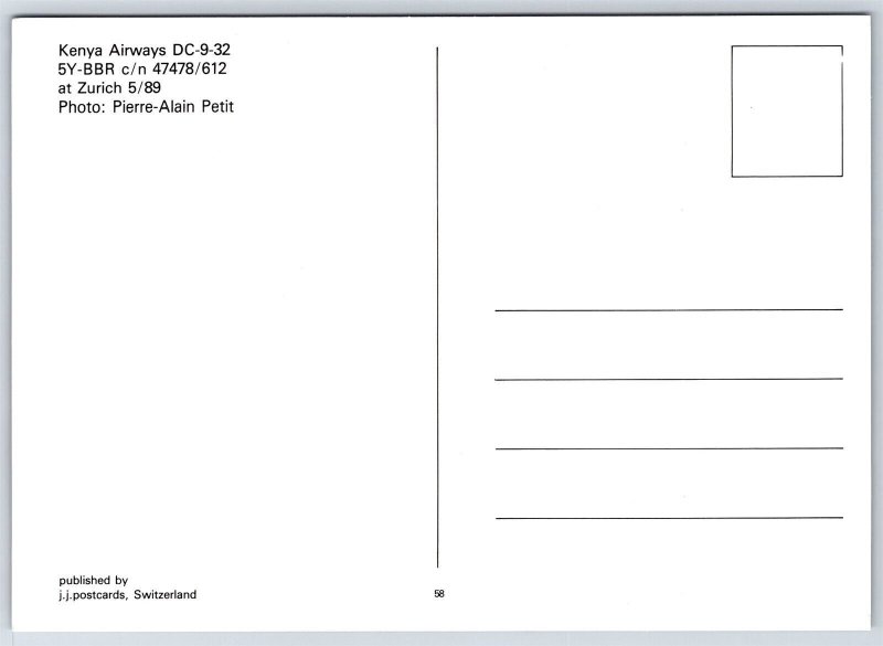 Airplane Postcard Kenya Airways Airlines Douglas DC-9-32 5Y-BBR at Zurich EL7