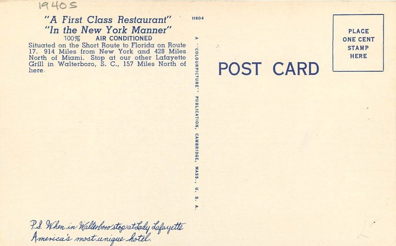 1940s Georgia Brunswick Walterboro  South Carolina Lafayette Postcard 22-111489