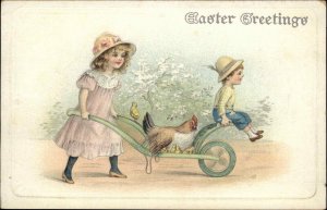 Easter Children Wheelbarrow Hen Chicks Embossed c1900s-10s Postcard