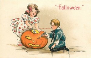 Halloween, Little Boy and Girl Carving Jack O Lantern, H.B Griggs, Signed