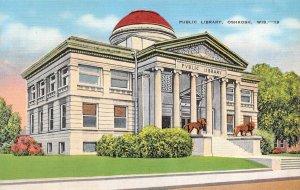 Oshkosh, WI Wisconsin  PUBLIC LIBRARY~Lion Statues ca1940's Kropp Linen Postcard