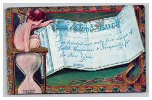 Vintage 1910's Winsch Back New Year's Postcard Angel Hourglass Bank of Good Luck