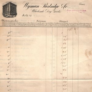 1903 Minneapolis, MN Wyman Partridge Letterhead Dry Goods Receipt Clothing R1