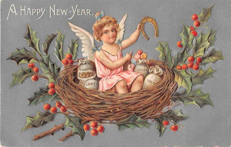 New Year Greetings Angel with Money Bags Antique Postcard J53641