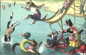 Fantasy Dressed Animals Cats Swimming Slide Mainzer Vintage Postcard