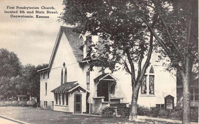 Osawatomie Kansas First Presbyterian Church Street View Antique Postcard K80674