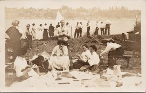 Women Men Gathering Picnic Sailboat Ontario ?? Real Photo Postcard F73