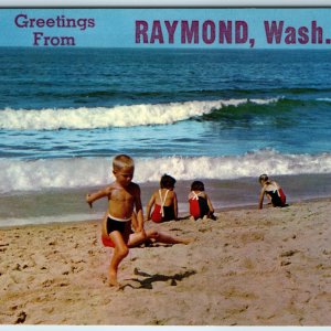 c1960s Raymond, Wash. Greetings from Happy Children on Beach Atkinson PC WA A237