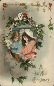 Christmas - Little Girls w/ Picnic Basket c1910 Postcard