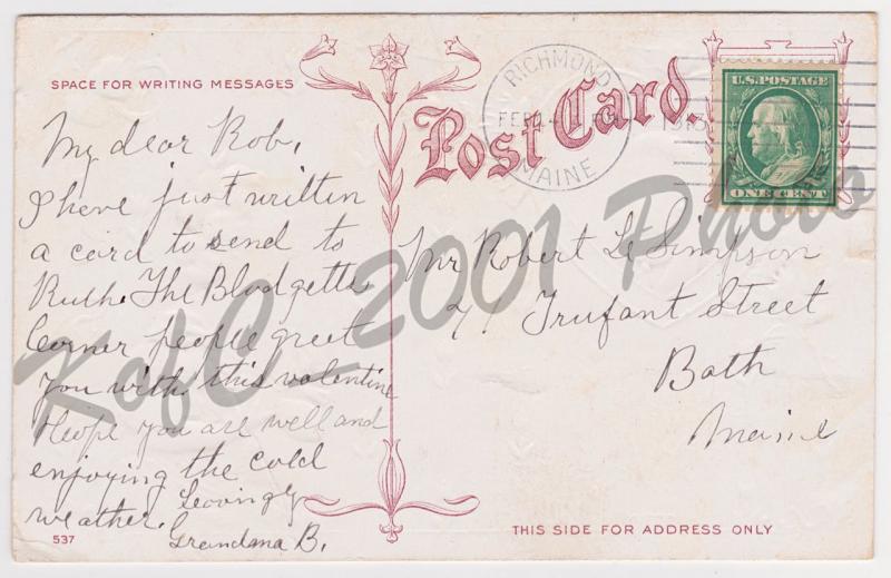 Richmond Maine Copyright 1910 H. Wessler Valentine Yellow Roses Postcard A31