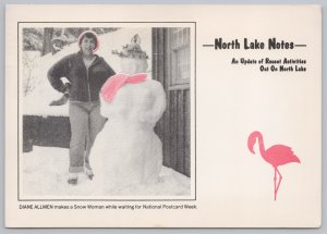 State View~North Lake Notes~Diane Allmen & Her Pink Snow Woman~PM 1987 Postcard
