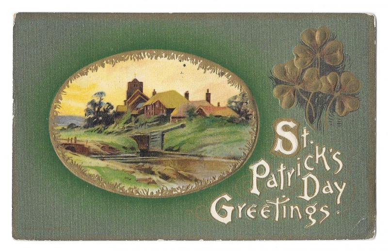 St Patricks Day Greetings Country Cottage Shamrocks Vintage Embossed Postcard