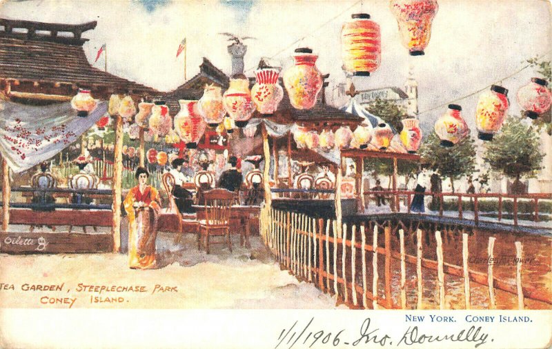 Coney Island NY Tea Garden Steeplechase Park Postcard