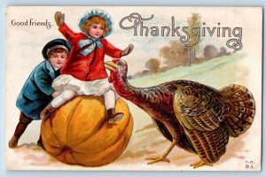 Burchard Nebraska NE Postcard Thanksgiving Turkey Boys And Big Pumpkin Turkey