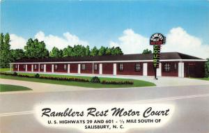 Salisbury North Carolina NC 1950s Postcard Ramblers Rest Motor Court