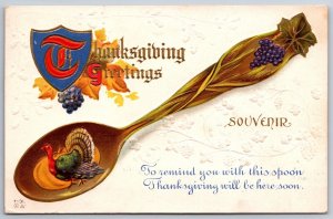 Thanksgiving~A Souvenir Spoon w/Turkey & Fruit To Remind You~Gold~Emb~NASH~1914