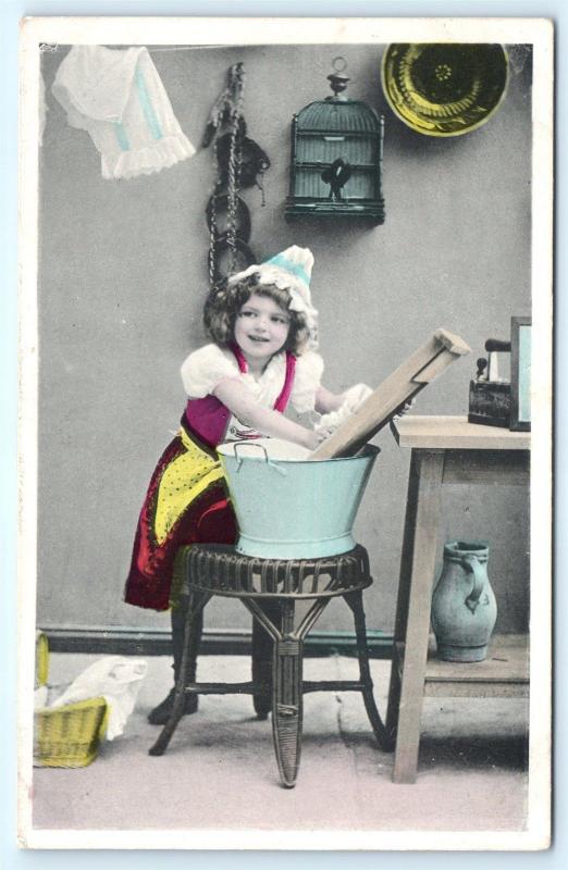 Postcard Girl Cleaning Clothes Wash Board Hand Tinted Pre 1908 L17