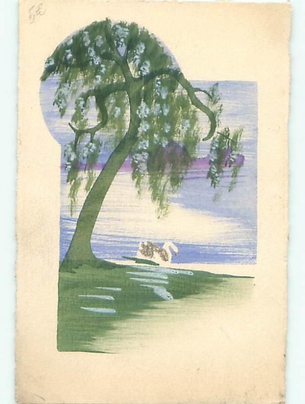 Pre-1920 Handmade One-Of-A-Kind Postcard SWAN BIRD ON WATER UNDER TREE AC6576