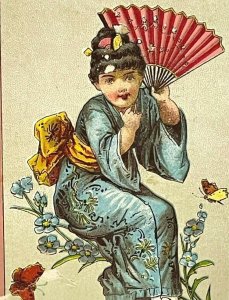 1880s Wheeler Wilson Sewing Bridgeport CT Victorian Trade Card Japan Woman Fan