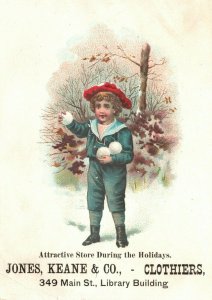 1880s-90s Young Boy Caring Snowballs Jones Keane & Co. Clothiers Trade Card