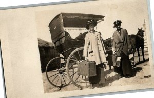 c1904-18 Buggy Rppc Horse Postcard Photo Real 2 Women Vintage Antique Drawn