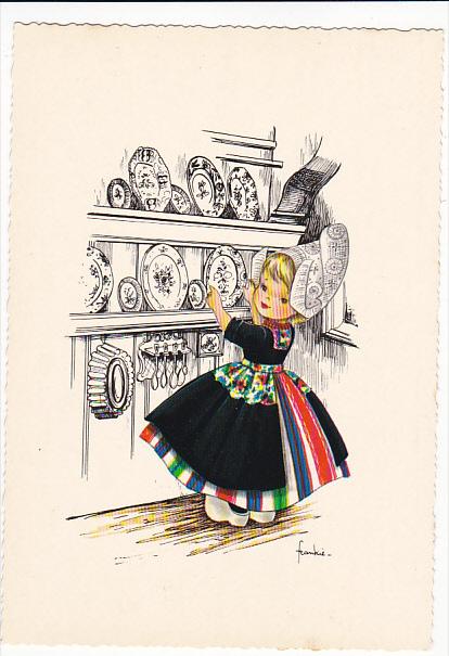 Dutch Girl Putting Plate On Shelf Signed Frankie