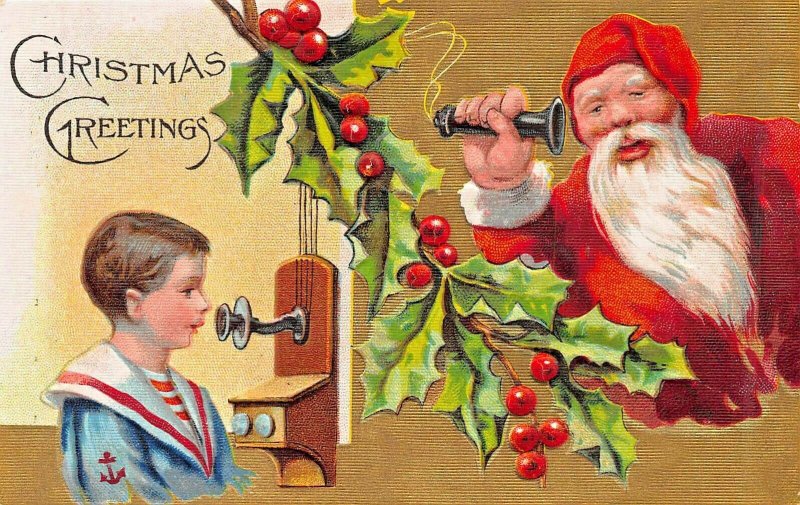 SANTA CLAUS~RED HAT-SUIT~TALKS TO BOY ON WALL PHONE CHRISTMAS GREETING POSTCARD