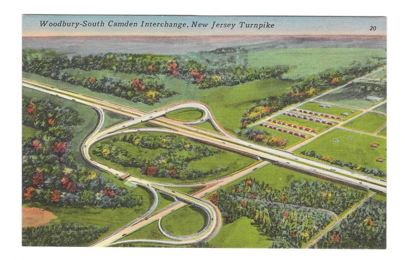 NJ Turnpike Aerial View Woodbury South Camden Interchange Vintage Linen Postcard