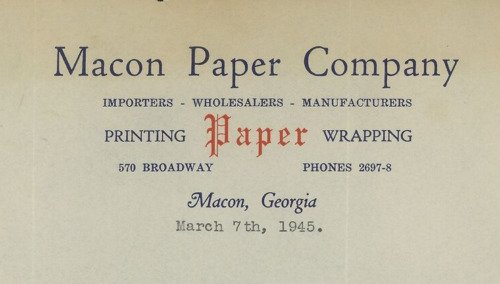 1945 Macon Paper Company 570 Broadway Macon GA Letter Printing Wrapping 312 