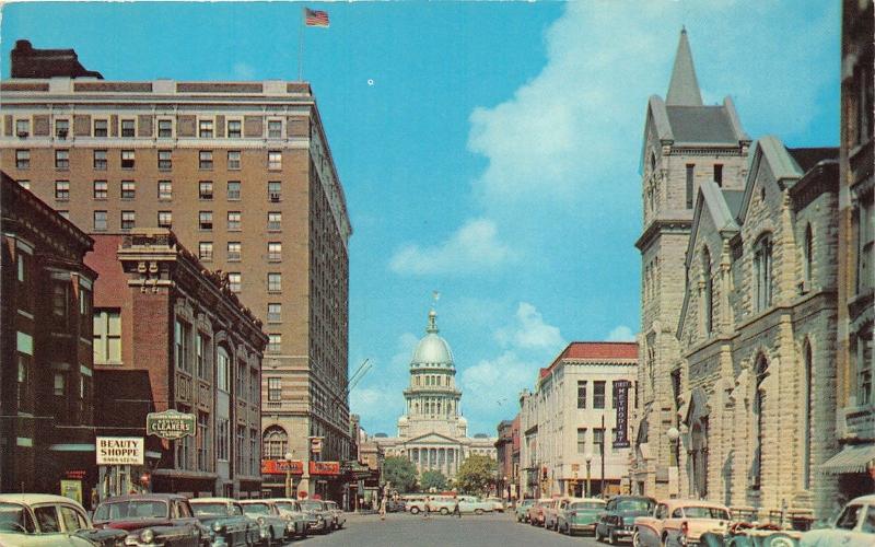 Springfield Illinois~Capitol Avenue~Methodist Church~Abraham Lincoln Hotel~1957