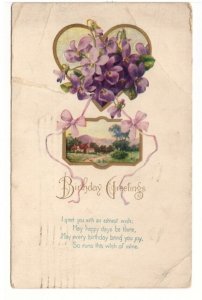 Birthday Greetings, Purple Flowers And Bows, Rural Scene, Vintage 1928 Postcard