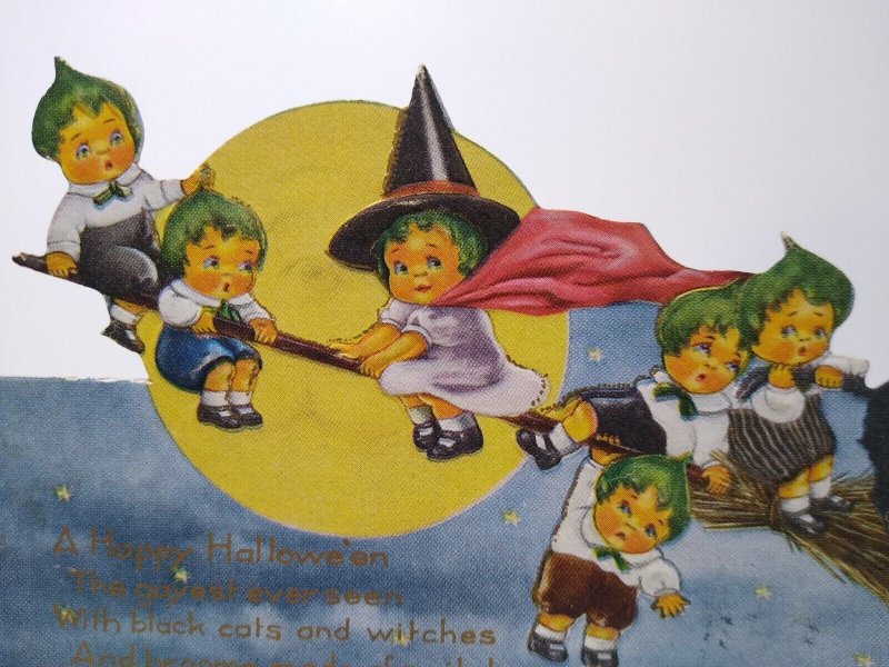 Halloween Postcard Whitney Die-cut Fantasy Green Haired Witch Children Foldout