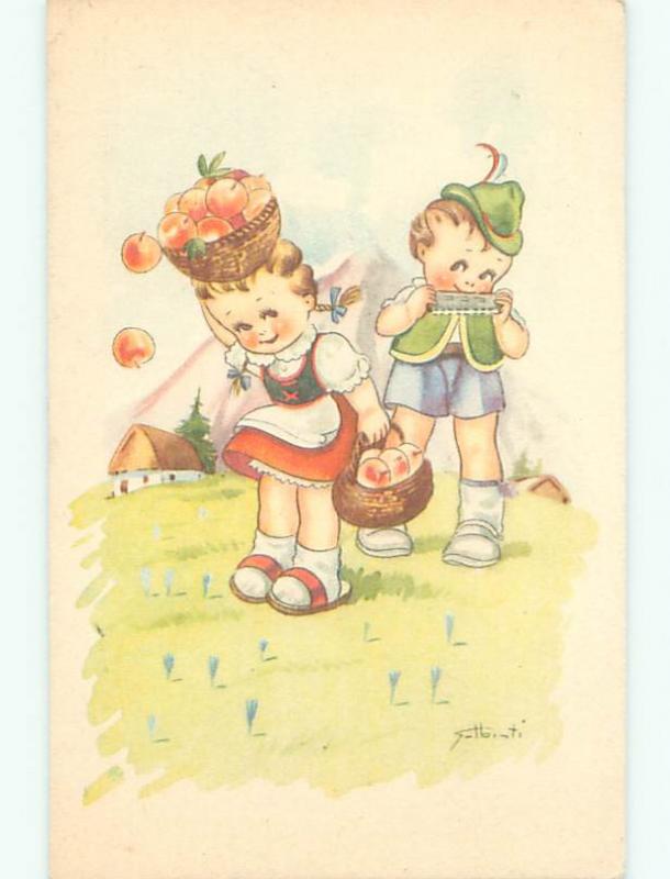 Pre-Linen foreign signed CUTE EUROPEAN GIRL CARRIES FRUIT BASKET ON HEAD k6748