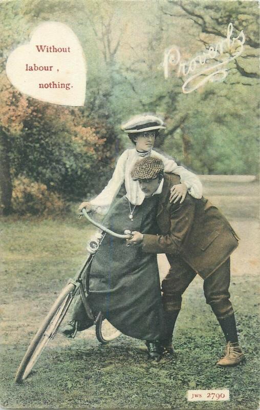 British proverbs postcard  Without labour , nothing  couple bicycle lesson