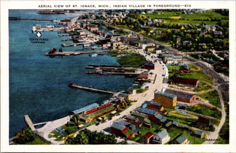 Linen Postcard Aerial View of St. Ignace, Michigan Indian Village in Foreground