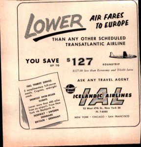 1958 Icelandic Airlines Lower Fares to Europe Vintage Print Ad 791