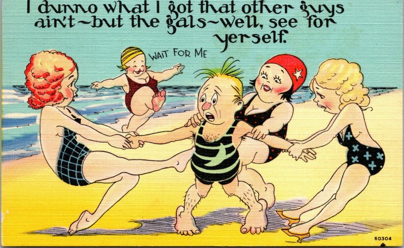 Vtg Postcard Comic Humor The Gals Fighting Over Guy Swimsuit Babes Beach Unused