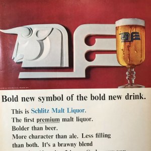 1965 Bull Schlitz Malt Liquor Original Print Ad 2P1-4 