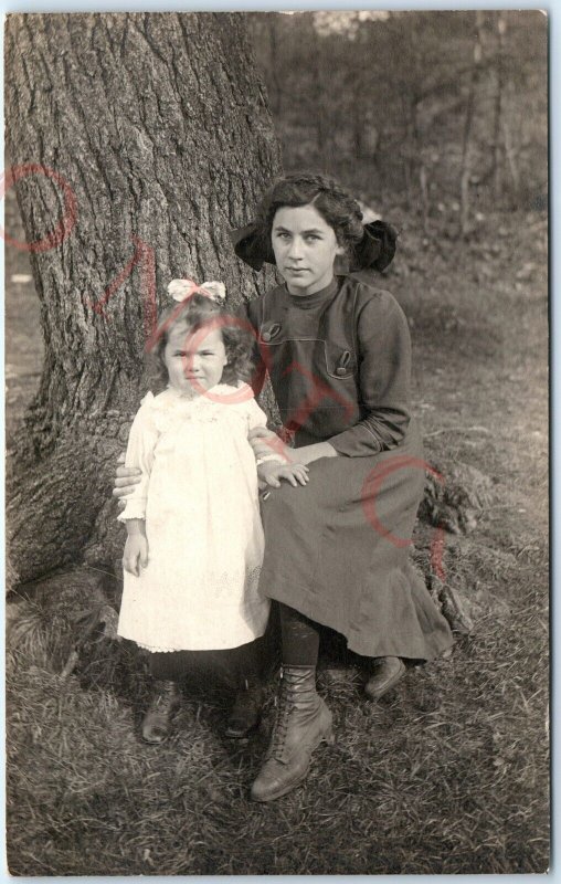 c1910s Cute Mother & Daughter Outside Tree RPPC Little Girl Real Photo PC A140