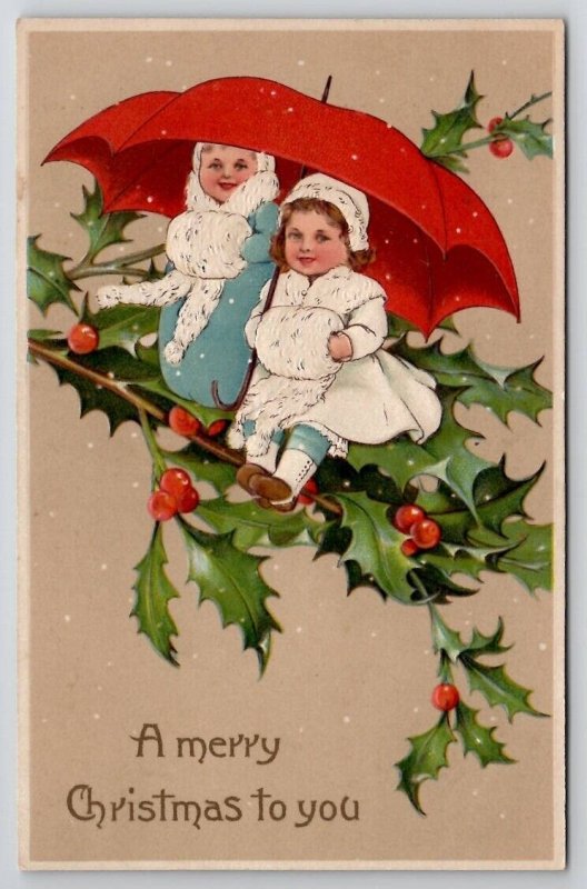 Christmas Greeting Girls Fur Muffs On Holly With Red Umbrella Postcard U26
