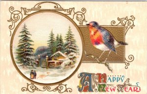 Vintage Greeting  A HAPPY NEW YEAR  Forest Home Silk Inlay  ca1910's Postcard