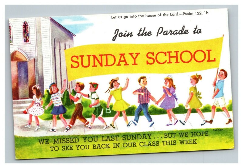 Vintage 1940's Postcard Church Sunday School Teacher with Kids - Come Worship