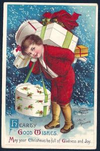 Hearty Wishes Child w/Gifts s/Clapsaddle used c1910