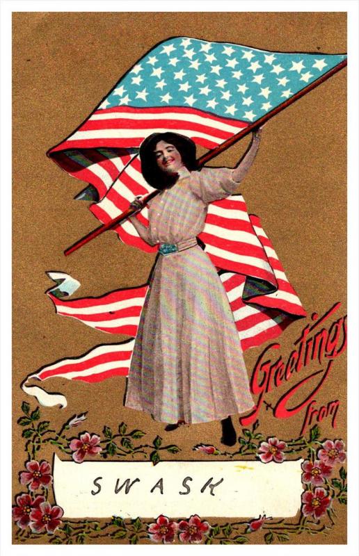 Woman Suffragette  Waving USA Flag intials S.W.A.S.K.