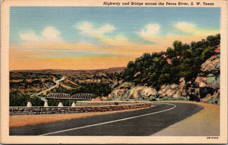 Vtg 1940s Highway and Bridge across the Pecos River Southwest Texas TX Postcard
