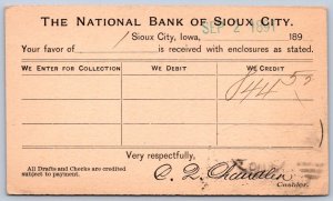 K41/ Sioux City Iowa Postcard c1890s National Bank of Sioux City Postal 404