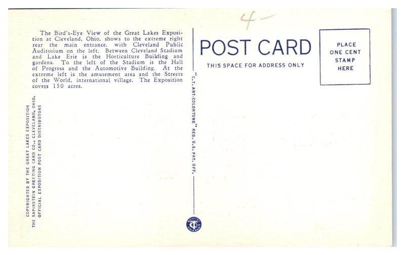 Aerial View of Great Lakes Exposition, Cleveland, OH 1936 World's Fair Postcard