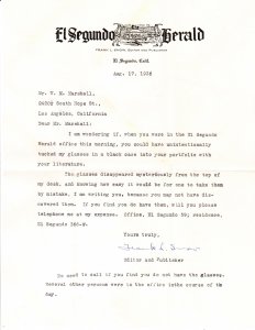 El Segundo Herald – El Segundo CA -  letterhead / letter – 1936