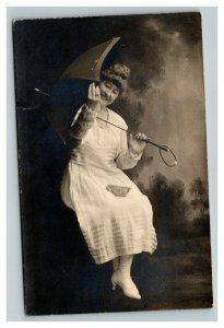 Vintage Early 1900's RPPC Postcard Women with Umbrella Humorous UNPOSTED