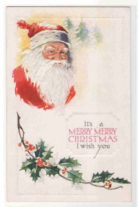 Santa  Holly Merry Merry Christmas 1910c postcard